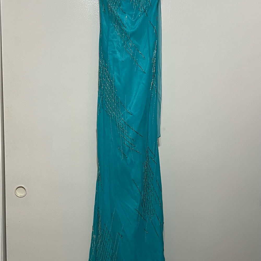 Ellie Wilde Aqua Beaded Dress w/short train